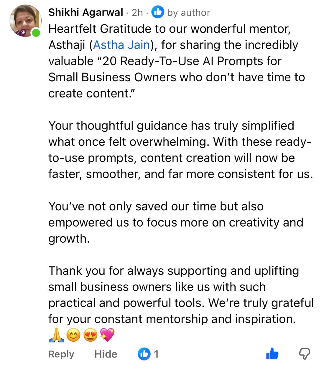 Social proof screenshot from a small business owner using the prompt pack