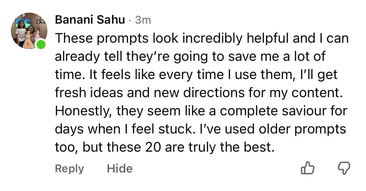Social proof screenshot showing prompt pack feedback